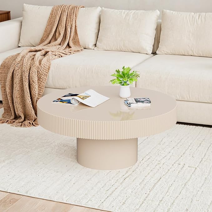 Handcrafted Round Drum Coffee Table Modern Luxury Spacious Fluted Center Table for Small Space - Home Office Apartment (White Thin)