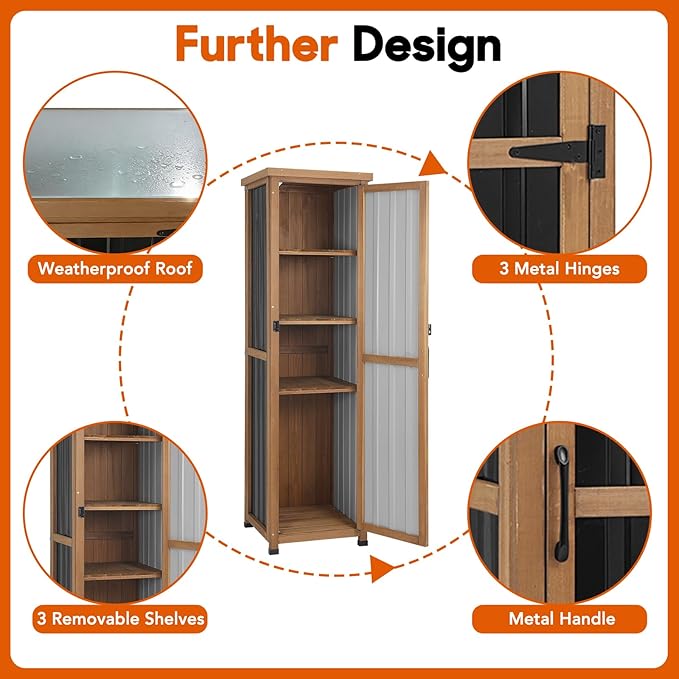 Outdoor Storage Cabinet, Wood & Metal Storage Shed with Weatherproof Roof, 3 Removable Shelves, Lockable Door, Adjustable Feet, Outside Storage Cabinet for Garage, Patio, Backyard