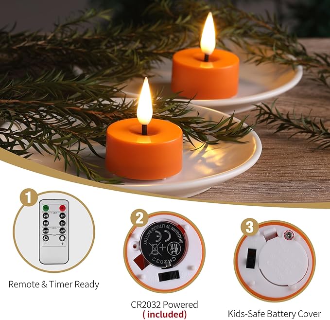 Eywamage Orange LED Tealights with Remote Batteries, Flickering Flameless Tea Votive Candles Christmas Decor Gift Set of 12