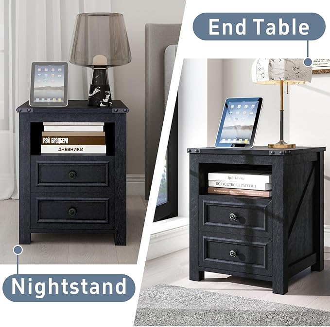 MUUEGM Farmhouse End Table with Charging Station, Side Table for Living Room, Sofa Side Table with Drawers and Storage Cabinet, Night Stand for Bedroom, Black, Set of 1