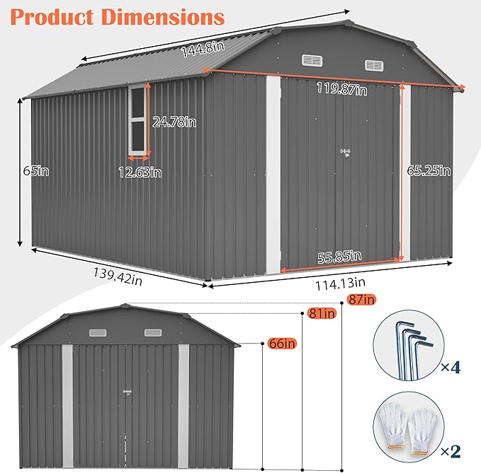 10x12 FT Metal Storage Shed with Floor Frame, Heavy-Duty Outdoor Storage Building with Diamond Roof, 4 Air Vents, Transparent Window & Lockable Double Doors, Snow-Resistant Backyard Garage Shed