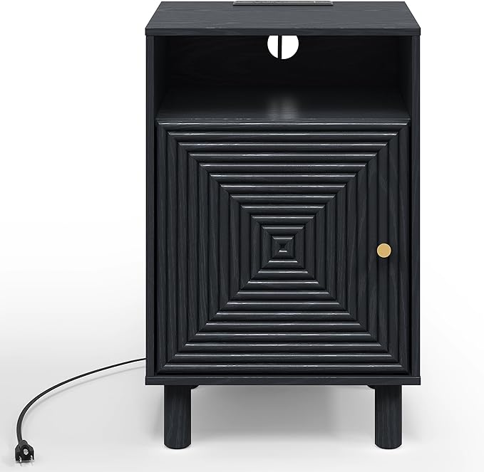 RoyalCraft Nightstand with Charging Station, Modern Side Table with Door, Accent End Table with Solid Wood Legs, Bedside Table for Bedroom, Entryway, Black