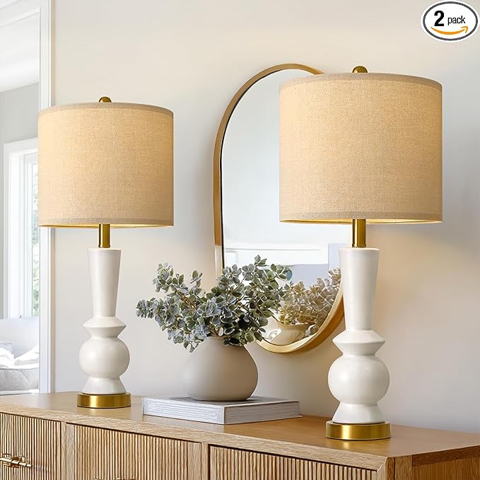 PORTRES 27" Modern Ceramic Table Lamp Set of 2 for Living Room White & Gold Bedside Lamps for Bedroom Nightstand Lamp Tall End Table Lamps