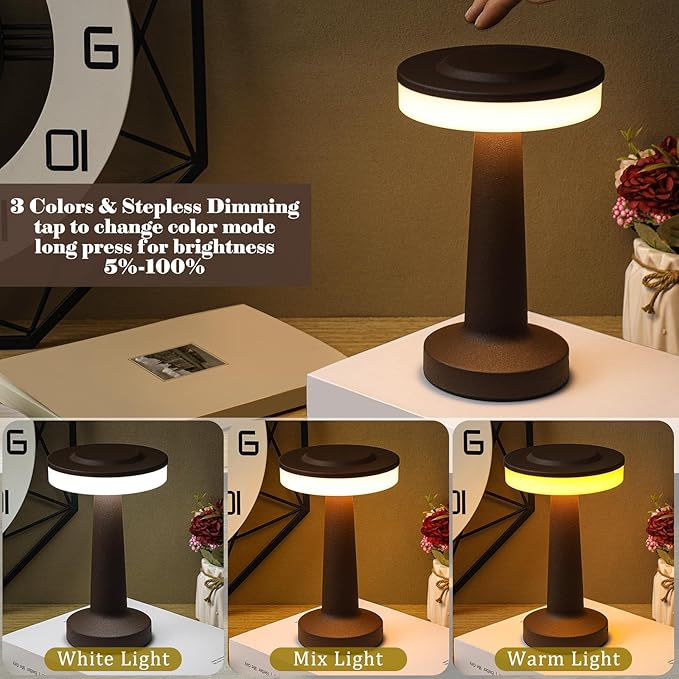 Riakrum 2 Pcs LED Portable Cordless Table Lamp with Touch Sensor 3 Color Stepless Dimming Rechargeable Battery up to 15 Hours Cordless Table Light Wireless Lamp for Nursery (Brown)