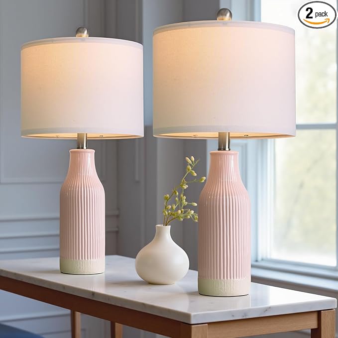 23.75inch Pink Modern Ceramic Bedside Lamp Set of 2 for Bedroom Decor Farmhouse Table Lamp for Living Room Office Dorm