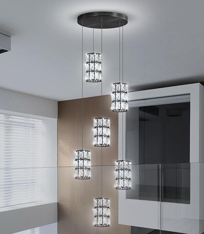 6-Lights Modern Crystal Pendant Lights for Kitchen Island LED Dimmable Glam Pendant Lighting Chandelier for Dining Room Hallway Corner Lamp Black