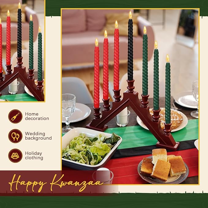 Riakrum 7 Pieces Kwanzaa Candles Set Kwanzaa Flameless Taper Candles Battery Operated for Church Celebration Decoration(10.04 Inches,Spiral)