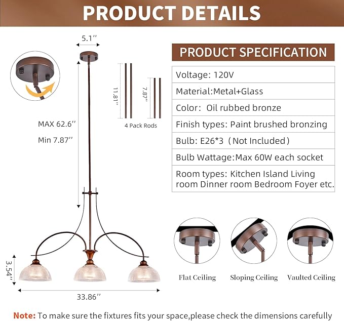 3-Light Oil Rubbed Bronze Pendant Light for Kitchen Island Farmhouse Dining Room Chandelier Over Table Adjustable Hanging Light Fixtures with Crystal Glass for Living Room Hallway Entryway