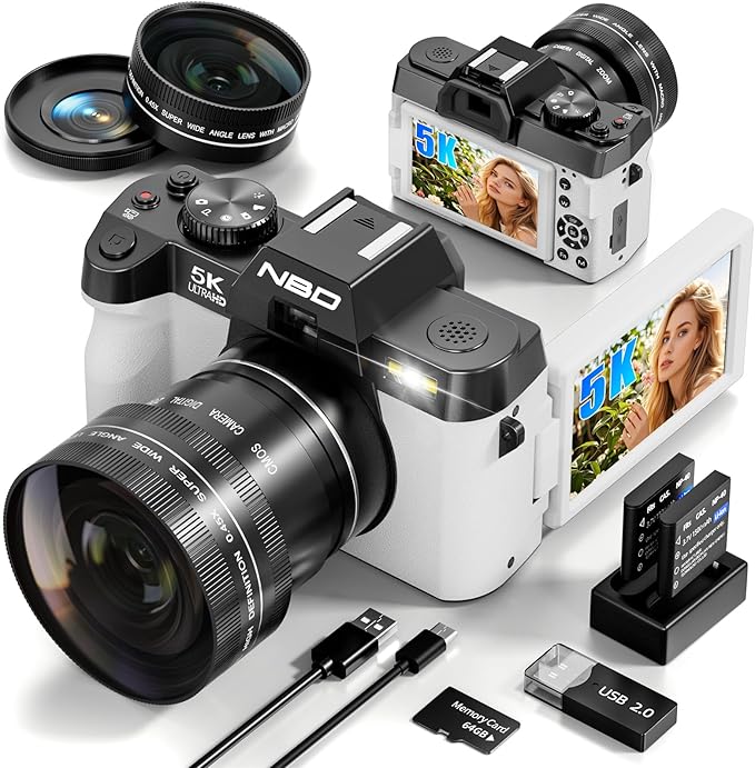 True 5K Digital Cameras for Photography 64MP - 16X Zoom, WiFi, with 64GB TF Card, Wide-Angle & Macro Lens, Autofocus & Anti-Shake, Vlogging Camera for YouTube Travel (White)