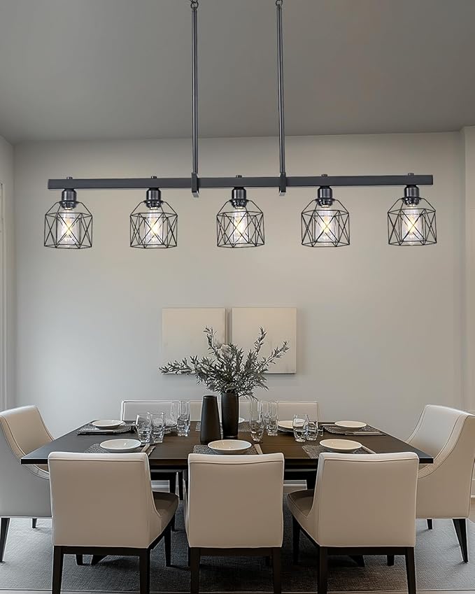 5-Light Farmhouse Kitchen Island Lighting Black Hardware and Black Metal cage Frame Design Rustic Vintage Pendant Ceiling Light Suitable for Dining Rooms and Living Rooms