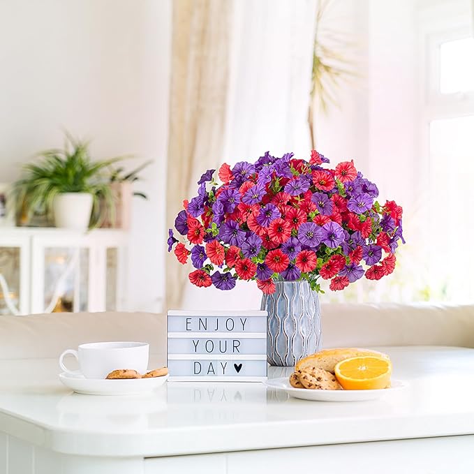 Artificial Flowers for Outdoors Decoration, 10 Bundles Fake Plastic Flower Plant, Faux Colorful Silk Morning Glory Eucalyptus for Spring Summer Outside Garden Porch Front Door Decor, Red Purple