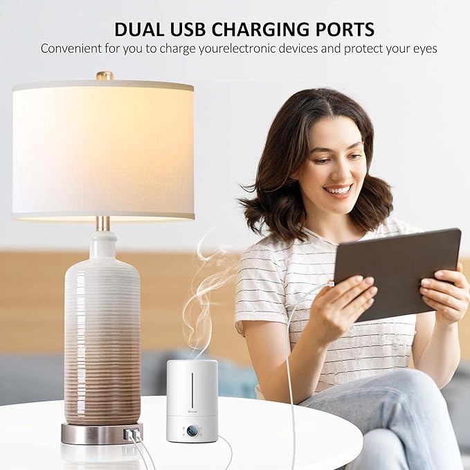 Ceramic Table Lamps Set of 2 with Dual USB Charging Ports, 3-way Dimmable Touch Control Bedside Lamps for Bedroom Living Room, Contemporary Nightstand Lamps with White Linen Drum Shade Bulbs Included