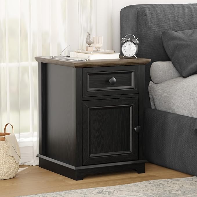 End Tables with Fast-Charge Sets, Side Tables with Drawers, Storage Side Tables Living Room, Adjustable Shelf, Bedroom Nightstands Set of 2, Black