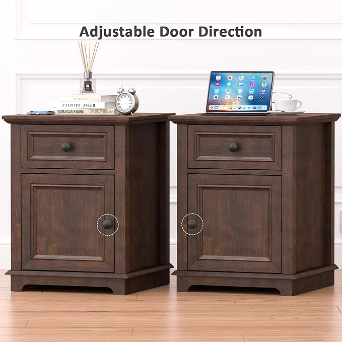 End Tables with Fast-Charge Sets, Side Tables with Drawers, Storage Side Tables Living Room, Adjustable Shelf, Bedroom Nightstands Set of 2, Cherry
