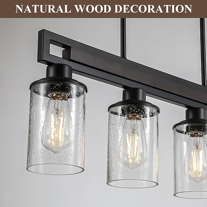 Farmhouse Dining Room Light Fixture, 4-Light Wood Kitchen Island Lighting for Dining Room Over Table, Black Adjustable Pendant Light with Seeded Glass Shades, Linear Chandeliers Lighting for Kitchen