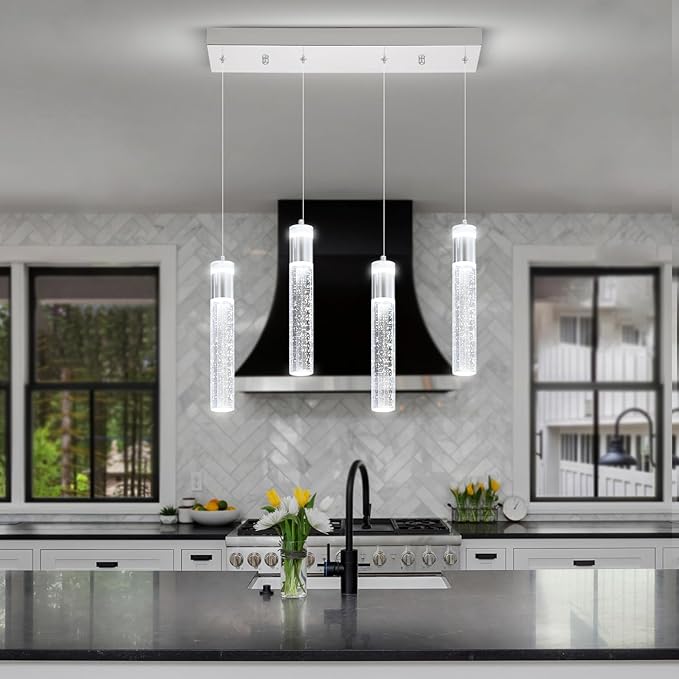 Dimmable Chrome 4-Light Pendant Lights Kitchen Island Modern LED Crystal Ceiling Light for Dinning Room Living Room 32W