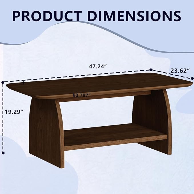Farmhouse Coffee Table, Rectangular Living Room Table, 47'' Wooden Center Table with Storage, for Living Room, Bedroom, Rounded Corner Design, Walnut