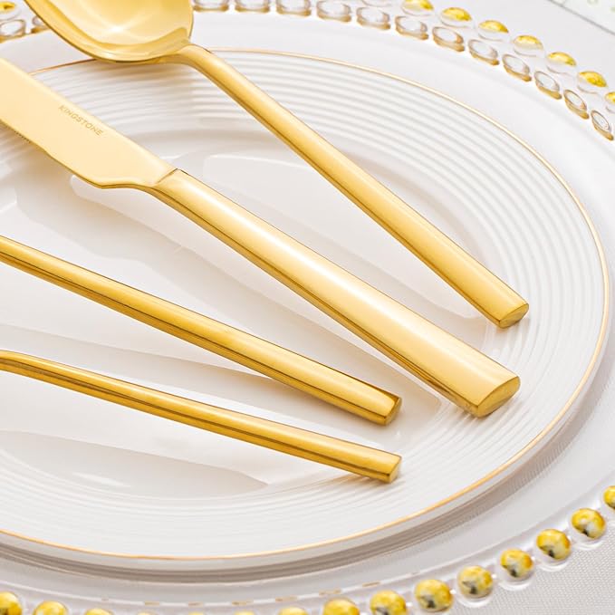 KINGSTONE Gold Silverware Set, 20-Piece Forged Flatware Set Cutlery Set Premium Stainless Steel, Service for 4, for Kitchen, Home, Wedding, Party, Mirror Polished and Dishwasher Safe