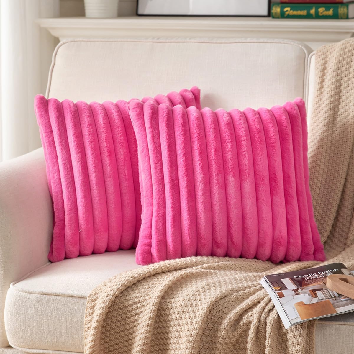 DEELAND Pack of 2,Double-Sided Faux Fur Plush Decorative Throw Pillow Covers Fuzzy Striped Soft Pillowcase Cushion Covers for Sofa Couch Bedroom