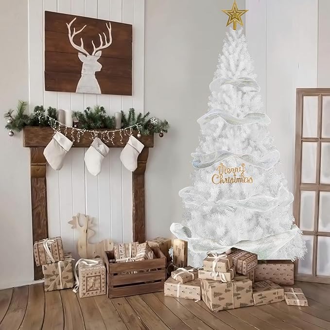 7FT Artificial Christmas Tree, Full Premium Hinged Artificial Pine Tree with 1020 Branch Tips Metal Stand for Outdoor & Indoor (White)
