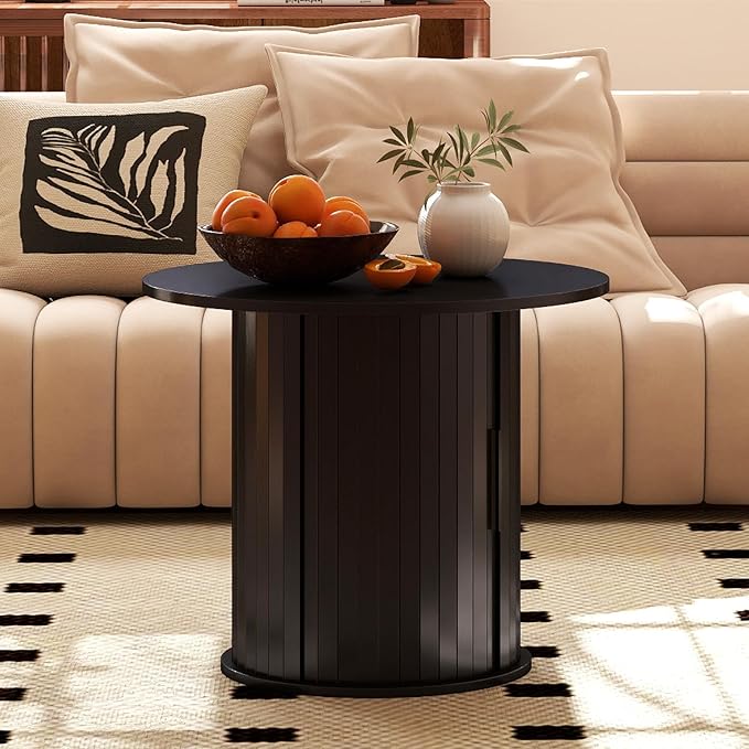 COSVALVE Round Wood Coffee Table 23.6IN with Hidden Storage & Sliding Door, Circle Farmhouse Side Table Sets for Living Room, Bedroom, Balcony, Small Spaces, Black