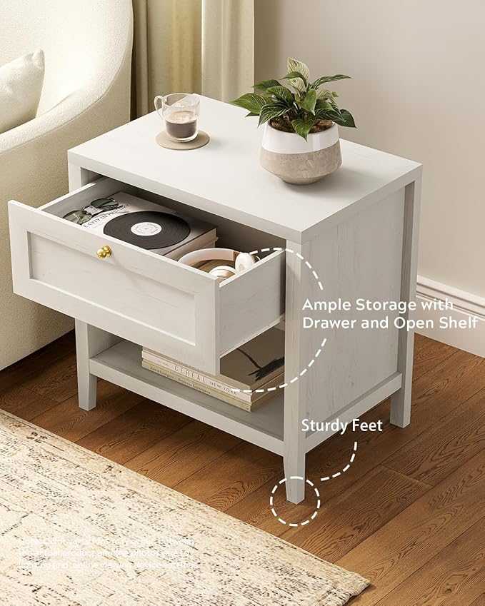 Nightstand with Storage Drawer, Farmhouse Large Bedside End Table with Open Shelf, Modern Wood Night Stand for Sofa, Bedroom, Antique White