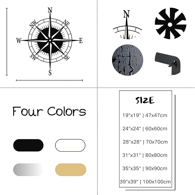 Metal Compass Wall Decor, Compass Art Wall Decor, Compass Rose Wall Decor, Compass Wall Decor, Nautical Compass Wall Decor, Ocean Theme Wall Decor, Living Room Wall Hanging (Silver, 35"x35" | 90x90cm)