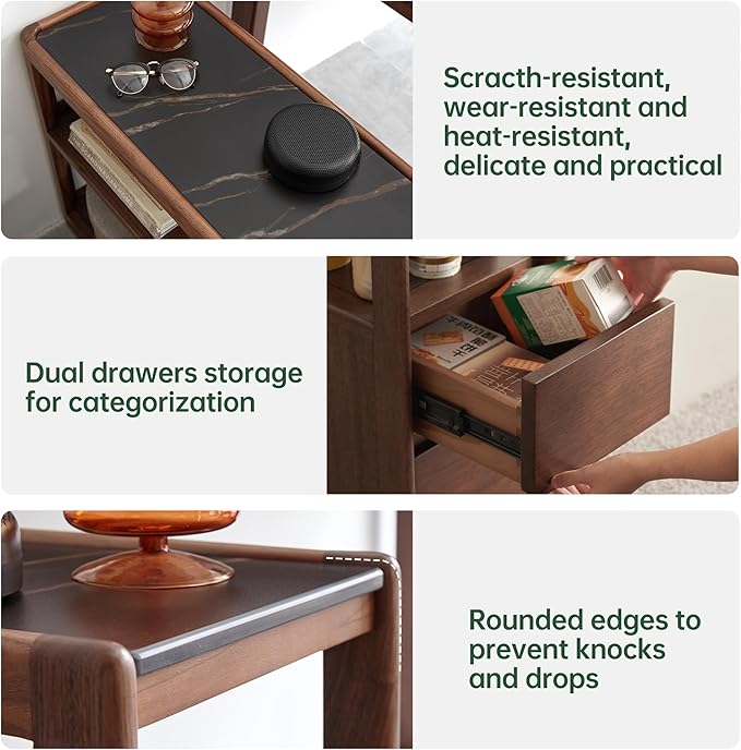 100% Solid Wood Side Table with Wheels, Narrow Side Table with Storage Drawers, Rolling Bedside Table for Bedroom Living Room Space Saving (Walnut, 11.81" D x 26.77" W x 23.23" H)