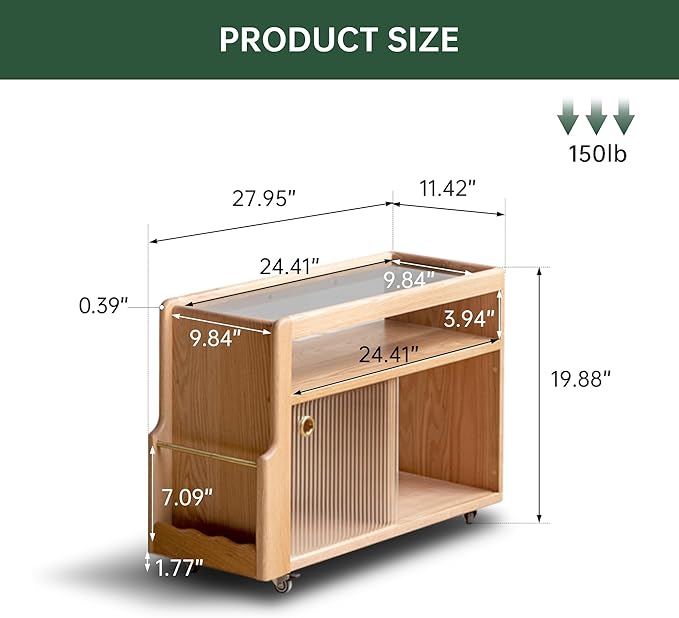 Solid Wood Side Table with Wheels, Narrow Side Table with Storage, Rolling Bedside Table for Bedroom Living Room Dining Room(Natural, 27.95" D x 11.42" W x 19.88" H)