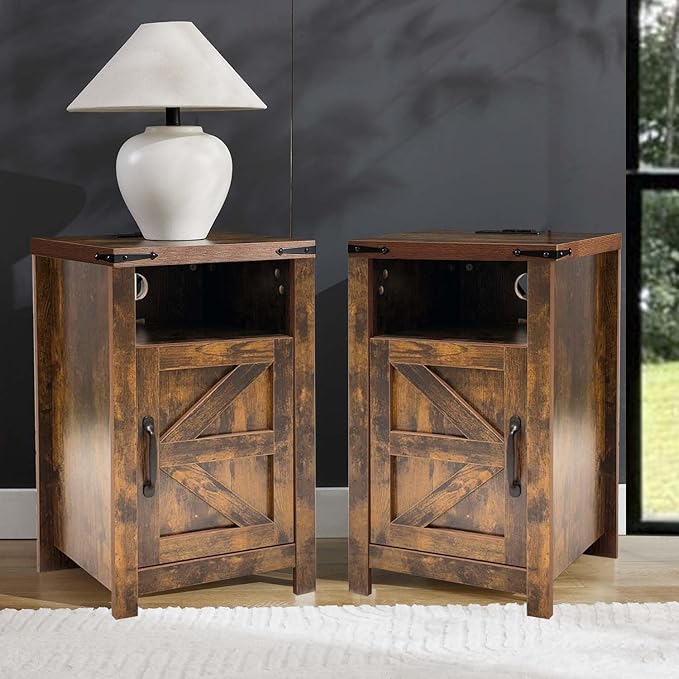 Brown Farmhouse Nightstand Set of 2, Rustic End Table with Barn Door and Shelf, Bedside Table with Charging Station for Living Room, Bedroom