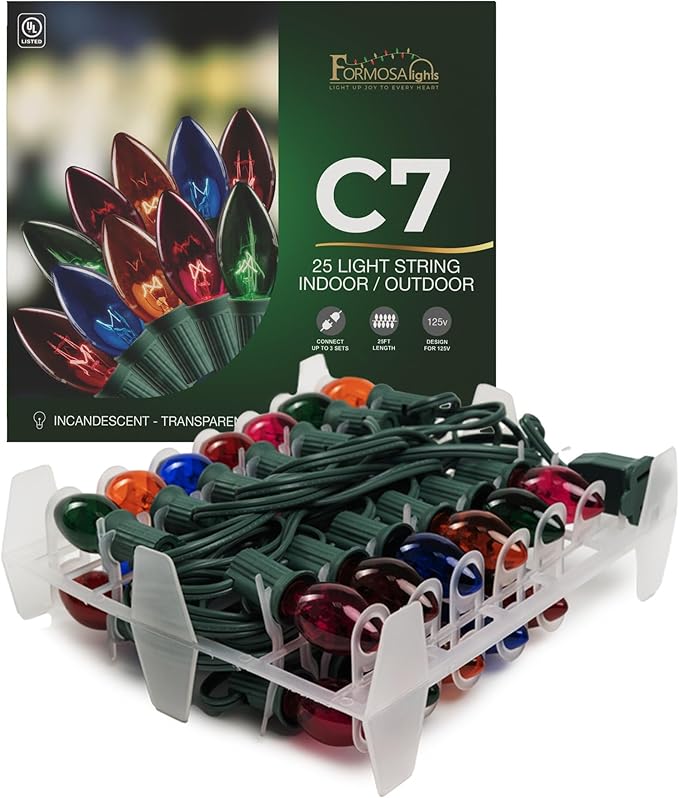 C7 26ft Indoor/Outdoor Transparent Multicolor Incandescent Christmas String Lights with 25 Bulbs | 120V, 5W