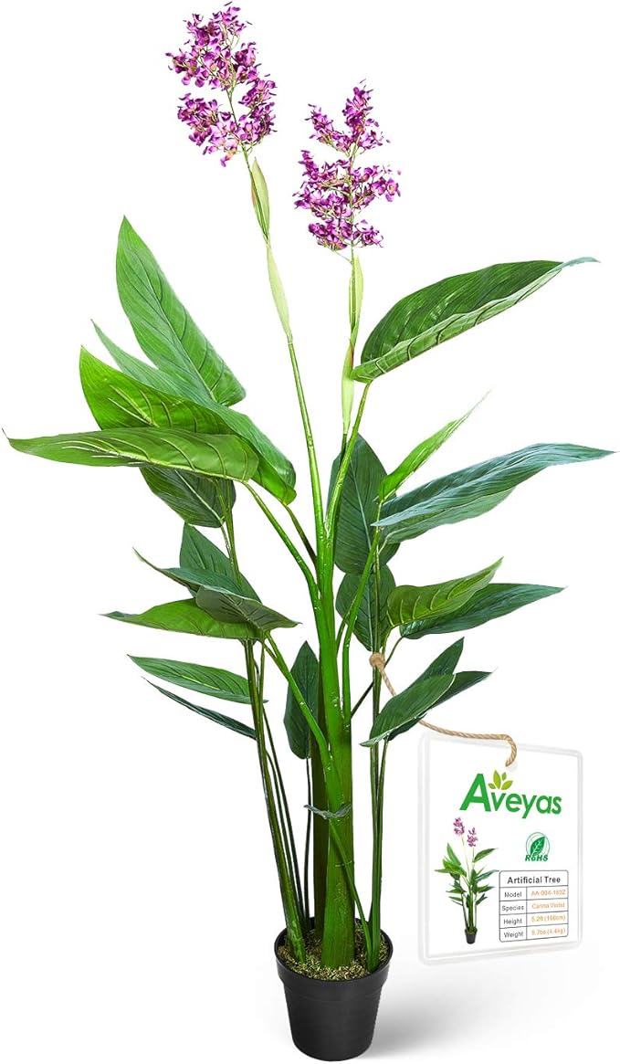 Aveyas 5ft Artificial Canna Violet Tree with Flowers for Home Decor, 5 Feet Faux Tropical Plant Fake Silk Trees with Pot for Indoor Outdoor House Porch Living Room Office (5 ft Tall)