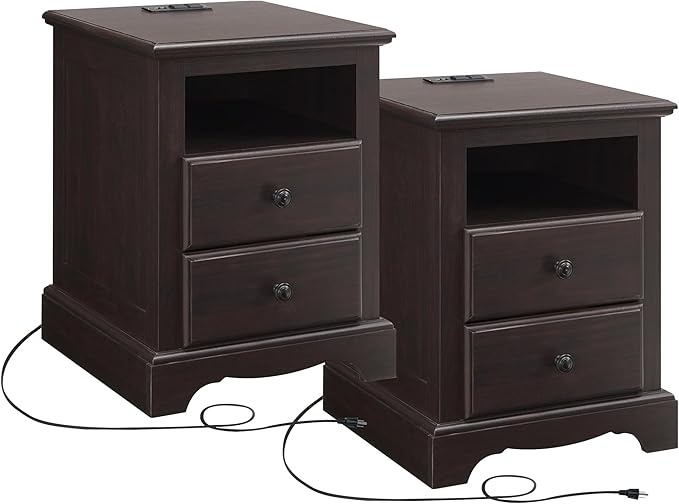 T4TREAM Nightstand with Charging Station Set of 2, Wood Rustic Sofa Side Table with Open Storage Shelf, 18 Inch Vintage End Table with 2 Drawers for Living Room, Bedroom, Espresso