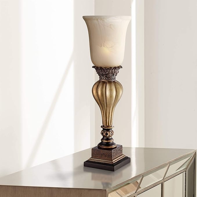 Regency Hill Sattley Traditional Accent Table Lamp 23 1/4" High Light Gold Uplight Floral Alabaster Glass Shade for Bedroom Living Room Nightstand Bedside Night Stand Office Kids Room