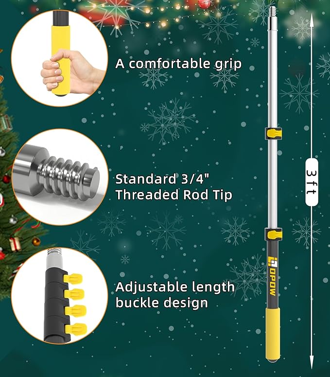 3FT Extension Pole with Utility Hook, Christmas Light Hanger Tool Attachment Screw On Pole Attachment Fits on 3/4 inch Acme Thread for Multi-Purpose Light Installation, String Lights, Birdfeeders