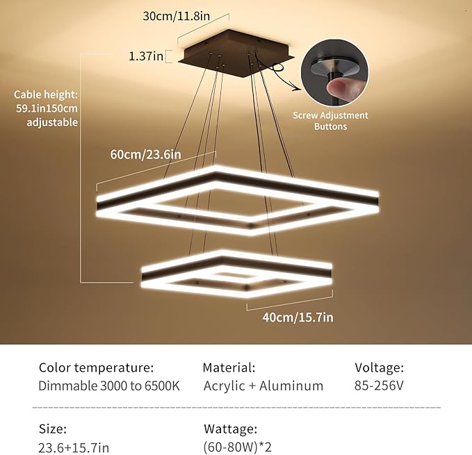 Modern Chandeliers for Living Room, 2 Ring Square LED Pendant Light Fixture, 3000K-6500K Dimmable Dining Room Ceiling Hanging Light Over Table, Modern Kitchen Island Lighting Adjustable Height