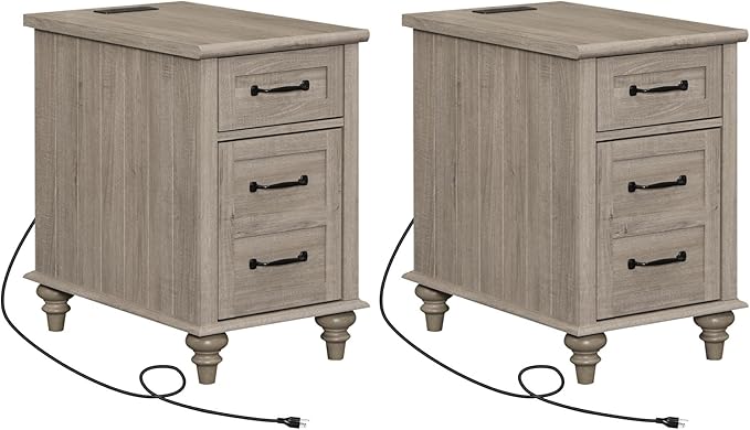 WAMPAT 2 Pack End Tables with Charging Station, Farmhouse Side Table with Drawer & Storage Cabinet, Gray Nightstand with Power Outlets & USB Ports for Living Room, Bedroom