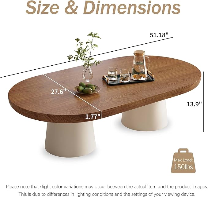 Oval Modern Coffee Table - Minimalist Wooden Coffee Table with White Stable Legs, 51.2" Center Table for Living Room, Apartment, Office, Walnut