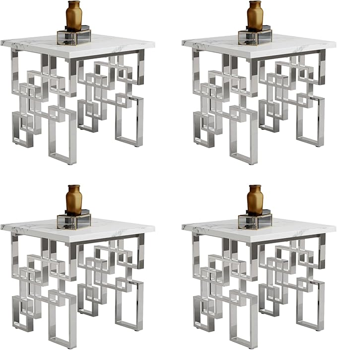 AUZ End Table, White and Silver Side Table, Square Living Room Corner Table with Polished Stainless Steel Geometric Base, Set of 4