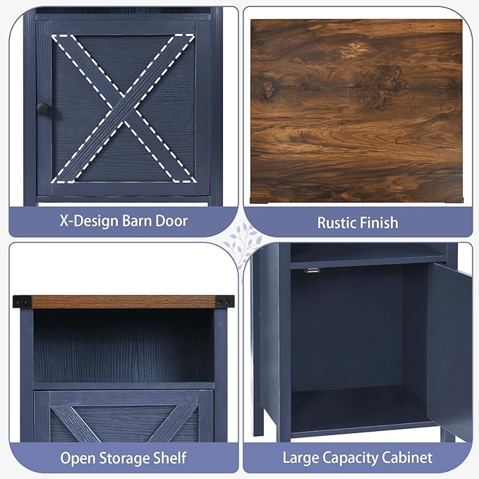 Catrimown Farmhouse Nightstand with Barn Door and Shelf, Side Table, Rustic End Table for Bedroom, Living Room, Navy Blue