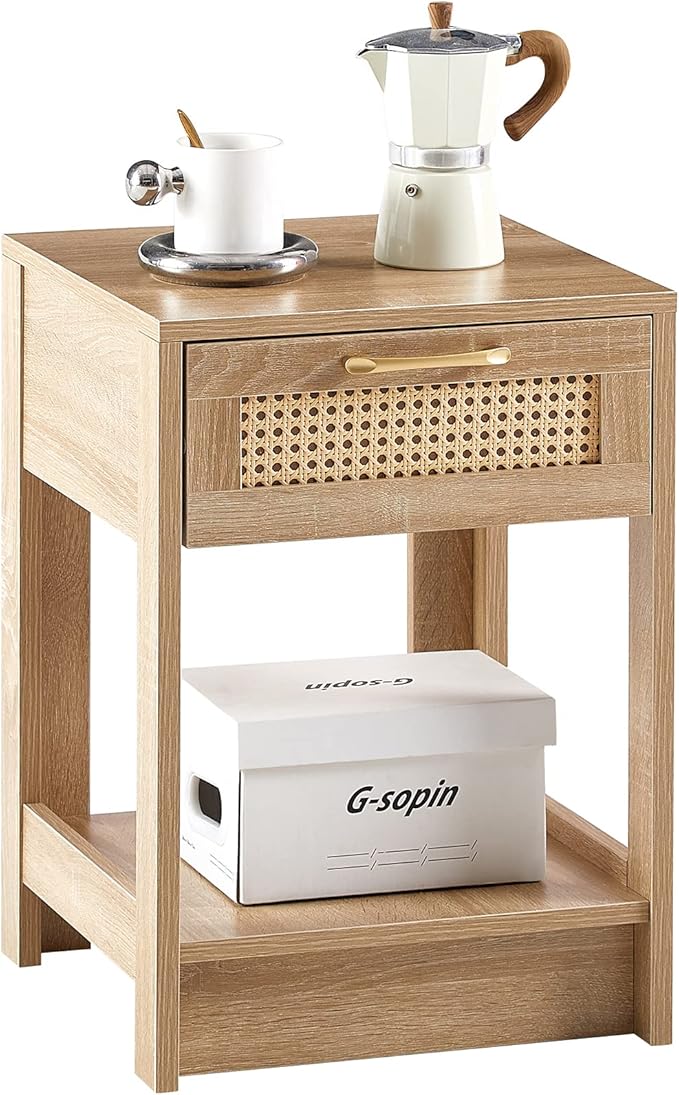 Rattan Nightstand - Wooden Boho End Table with Storage Drawer and Opening Shelf, Bedside Tables Bed Side Table Accent Table for Living Room, Bedroom Small Space