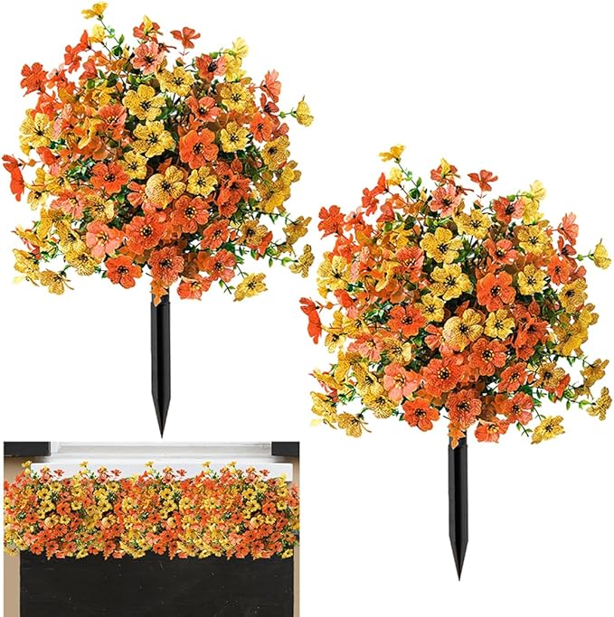 Christmas Decorative Plants Artificial Topiary Trees with Spike, 2pcs UV Resistant Artificial Bushes with Flowers, Artificial Fake Plants Shrubs for Doorway Porch Garden Decorate (Orange-yellow)