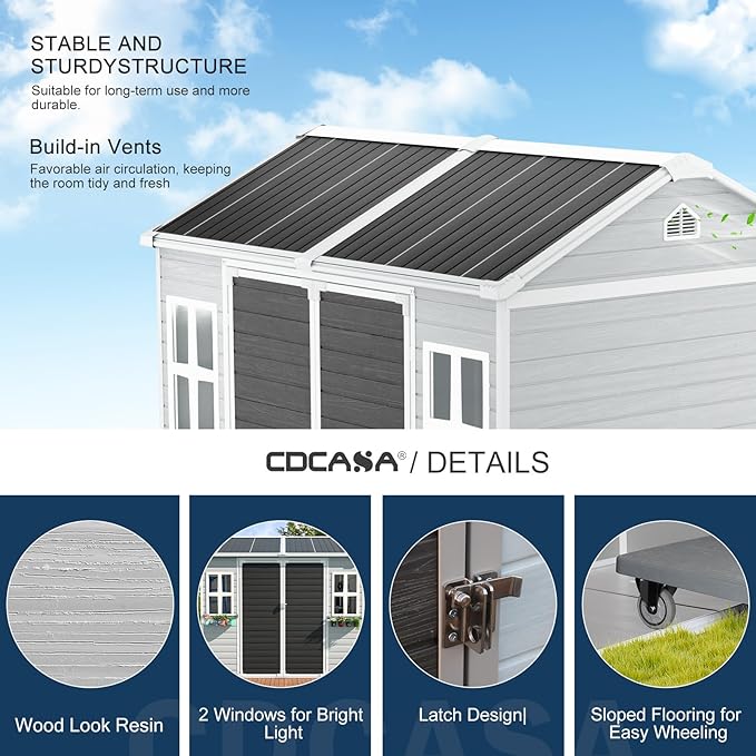 CDCASA 8x6 FT Resin Storage Sheds with Floor Included, Waterproof Large Outdoor Sheds & 2 Windows,Outside Plastic Tool Shed for Backyard Garden Patio Lawn Poolside