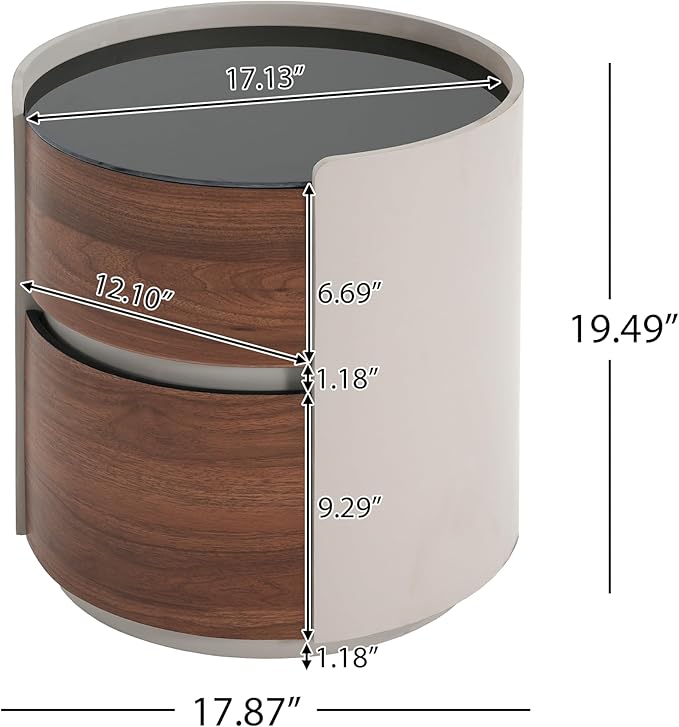 WILLIAMSPACE 17.13" Round Small Coffee Table with Double Storage Drawers & Tempered Glass Top, Modern Accent Side Table Retro Style End Sofa Table for Living Room Apartment, Brown + Gray