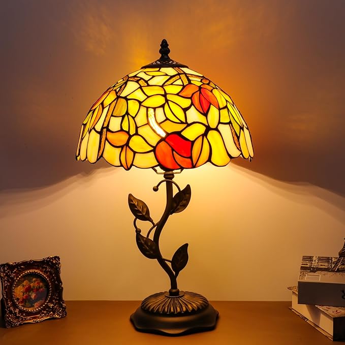 Stained Glass Table Lamp, Flower Style Lampshade & Metal Leaf Antique Base Desk Reading Light 12X12X19 Inches Decor for Bedroom Living Room Office