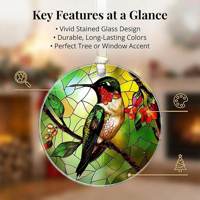 Christmas Ornaments 2025, Stained Glass Christmas Tree Decorations, Exchange for Women, Men, Collectible Dated Year Ornaments for Tree - Glass Hanging Ornament（Hummingbird）
