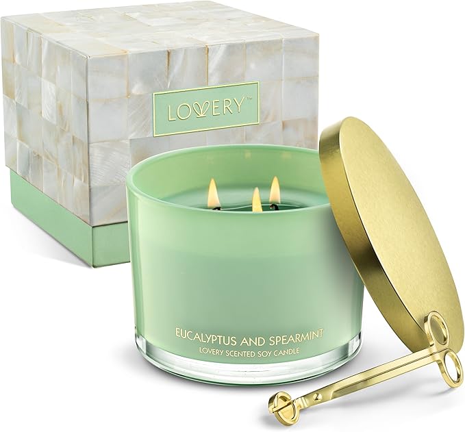 Christmas Eucalyptus Spearmint 3 Wick Candle Set with Candle Wick Trimmer, Pure Soy, Strong Smelling Candles for Home Scented Bath & Bedroom, Large Candle Gift Set for Women, Mom, Sister, Coworkers