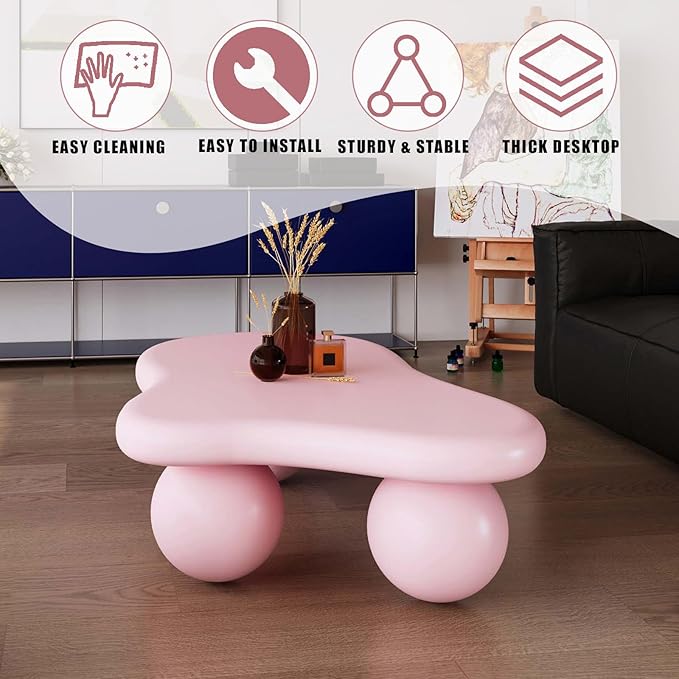 Modern Cloud Coffee Table with 3 Ball Legs, Cute Irregular Shaped Coffee Table, Low Center Table Tea Table for Living Room Apartment (47.2''L × 31.5''W × 13.78''H)