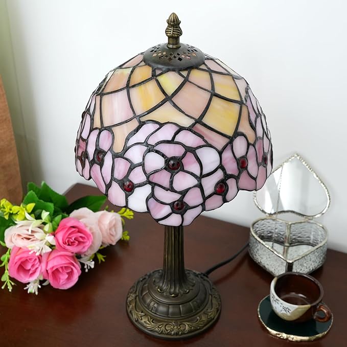 Tiffany Lamp Stained Glass Table Lamp 8X8X14 Inches Desk Reading Light Decor Beside Bedroom Living Room Home (H-1055- Cherry Blossom)