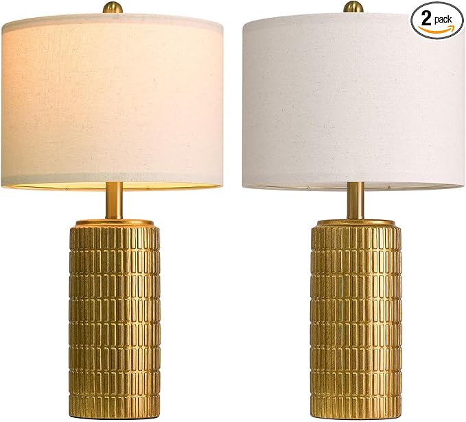 PoKat 23" Brass Gold Ceramic Table Lamps for Living Room, Retro Warm Gold Lamps for Night Stands, Vintage Bronze Decorative Lamps for Bedroom, Antique Gold Brown Nightstand Lamps for Home Decor